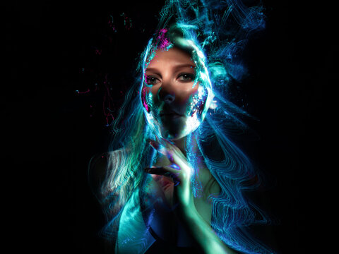 light painting portrait, new art direction, long exposure photo without photoshop, light drawing at long exposure	