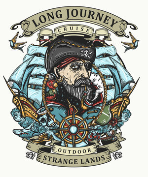 Old sea wolf pirate and ships. Marine adventure color t-shirt design. Symbol of ocean adventure, treasure island. Crime sailor man portrait. Tattoo style. Cartoon character