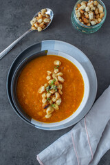 Pumpkin soup bowls with seeds 
