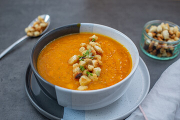 Pumpkin soup bowls with seeds 