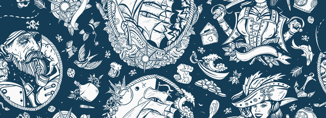 Pirates. Seamless pattern. Sea adventure background. Caribbean robbers. Traditional tattooing style. Captain, parrot, ship in storm, girl filibuster, compass, anchor, treasure island, swallows