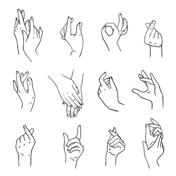 set of realistic gestures hand shape. isolated on white. Geskin's hand movements. a sign of love. tenderness. a linear pattern. hand drawing