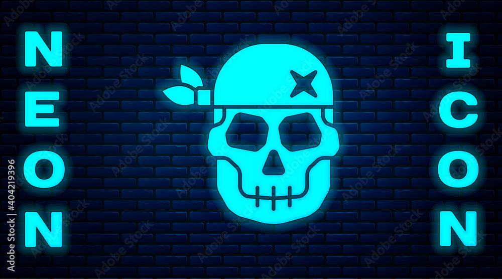 Poster glowing neon skull icon isolated on brick wall background. happy halloween party. vector.