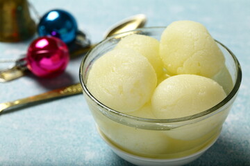 Bowl of delicious North Indian sweet, dessert, rasgula, resgulla,
