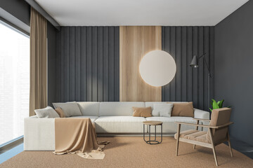 Gray and wooden living room interior