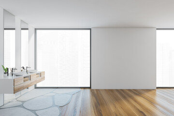 Mockup copy space in white and wooden bathroom with two sinks and window