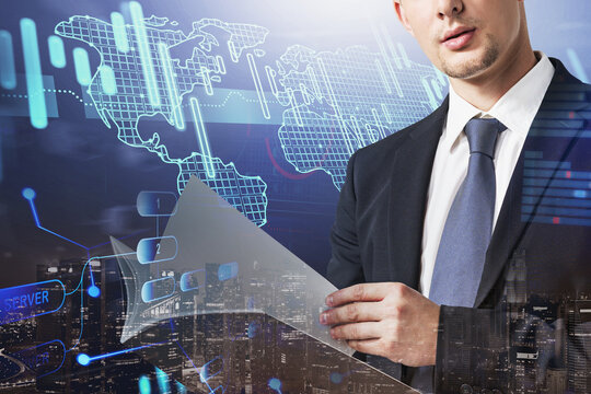 Man with foder in city, map and graph