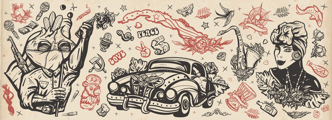 Obraz premium Cuba old school tattoo vector collection. Havana retro cars. Revolutionary communist, map, cuban woman, cigar, rum. Traditional tattooing style. History and culture. Island of freedom concept