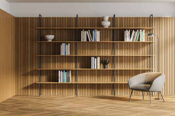 White and wooden living room with armchair and bookcase © ImageFlow
