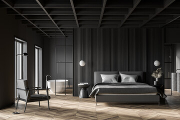 Gray and wooden master bedroom interior