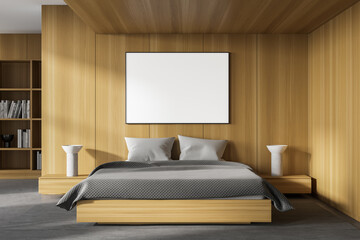 Wooden master bedroom interior with poster