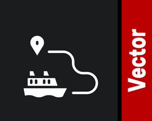 White Ship line path of ship sea route with start point GPS and black line icon isolated on black background. Vector.
