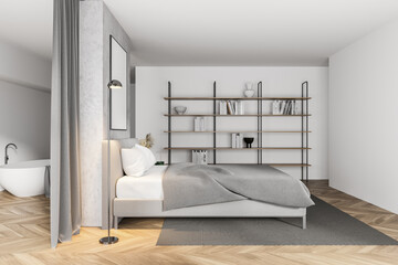 White and concrete bedroom interior, side view