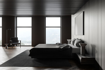 Gray and wooden master bedroom interior, side view