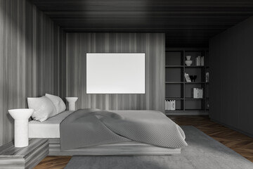 Gray and wooden master bedroom with poster, side view
