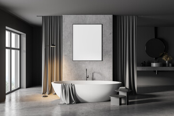 Gray bathroom with tub, poster and sink