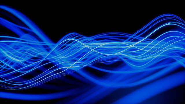 Sound Wave Vizualisation concept. Music audio frequencies represented as High Tech Futuristic Flow line Waves. Abstract background. 3D render