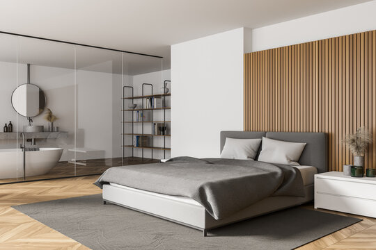 White and wooden bedroom and bathroom corner