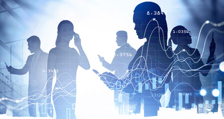 Businesswomen in city and graphs