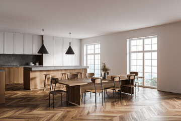 Fototapeta premium White kitchen corner with bar and table