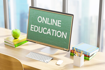 Computer with online education concept, side view