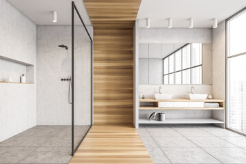 Wooden and white bathroom with shower, two sinks and mirror