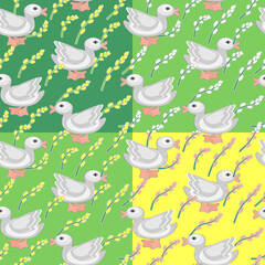 Seamless pattern with cute Ducklings and wildflowers. Four Color Options. Creative childish texture in yellow and green.Animal endless background.Great For Fabric Textile.Vector illustration.