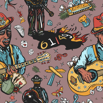 Blues music pattern. Old school tattoo style. Elderly Afro American musician, bluesman goes along the road, slide guitar. Crossroads and devil. Musical art