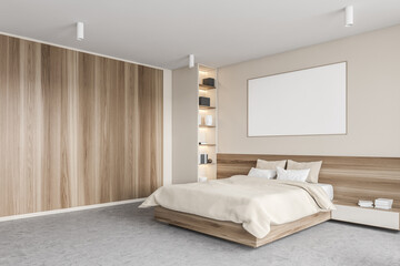 Mockup canvas frame in beige bedroom, bed with linens and bookshelf