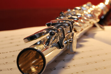 Obraz premium Symbol image: Transverse flute on music notebook
