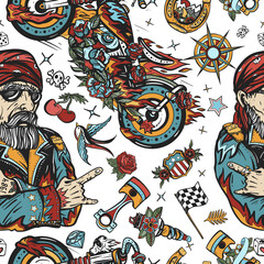 Bikers art pattern. Bearded biker man and motorcycle. American riders. Racing sport concept. Lifestyle of racers. Traditional tattooing background