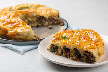 Rolled Burek - savoury pie fith meat and mushrooms feeling, decorated with sesam seedes. Peace of pie.