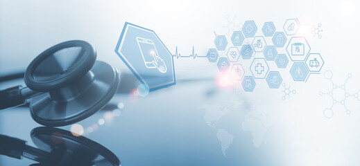 Medical technology background, telemedicine, virtual hospital, smart health, online medical concept.