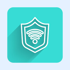 White line Shield with WiFi wireless internet network symbol icon isolated with long shadow. Protection safety concept. Green square button. Vector.