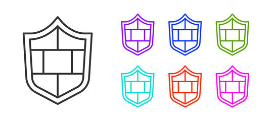 Fototapeta premium Black line Shield with cyber security brick wall icon isolated on white background. Data protection symbol. Firewall. Network protection. Set icons colorful. Vector.
