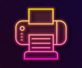 Glowing neon line Printer icon isolated on black background. Vector.