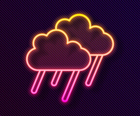 Glowing neon line Cloud with rain icon isolated on black background. Rain cloud precipitation with rain drops. Vector.