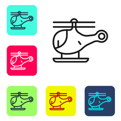 Black line Helicopter aircraft vehicle icon isolated on white background. Set icons in color square buttons. Vector.