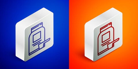 Isometric line Sports nutrition bodybuilding proteine power drink and food icon isolated on blue and orange background. Silver square button. Vector.