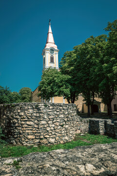 Chorch tower in Tapolca city, Hungary with blue sky.