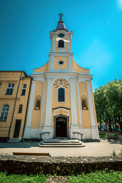 Chorch tower in Tapolca city, Hungary with blue sky.