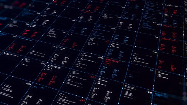 Abstract coding wall with running data, seamless loop. Animation. Concept of artificial intelligence, automatic program coding. 