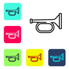 Black line Trumpet icon isolated on white background. Musical instrument trumpet. Set icons in color square buttons. Vector.