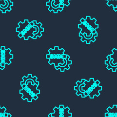 Green line SMM icon isolated seamless pattern on blue background. Social media marketing, analysis, advertising strategy development. Vector.