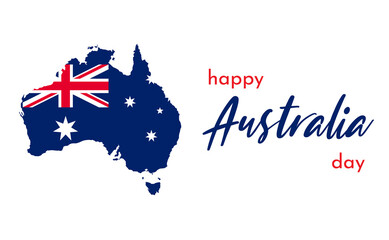 Obraz na płótnie Canvas Happy Australia day lettering. Map of Australia with flag. Vector illustration