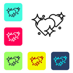 Black line Two Linked Hearts icon isolated on white background. Romantic symbol linked, join, passion and wedding. Valentine day symbol. Set icons in color square buttons. Vector.