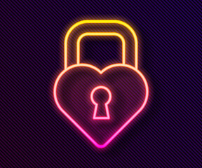 Glowing neon line Castle in the shape of a heart icon isolated on black background. Locked Heart. Love symbol and keyhole sign. Vector.