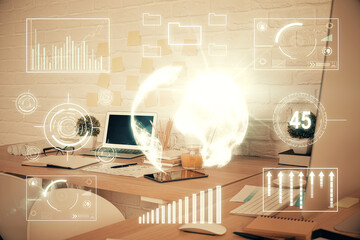 Multi exposure of stock market chart drawing and office interior background. Concept of financial analysis.