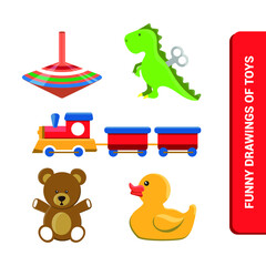 Vector image. Children's toys drawings. Toy with a spinning top, dinosaur, teddy bear, rubber duck and a train. Nice drawings for children.