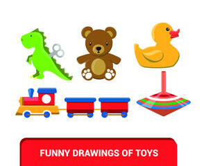 Vector image. Children's toys drawings. Toy with a spinning top, dinosaur, teddy bear, rubber duck and a train. Nice drawings for children.